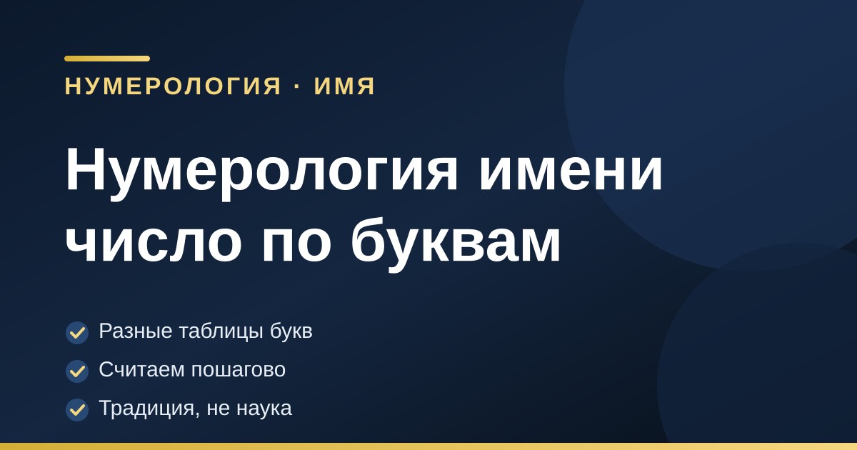 Обложка статьи о нумерологии имени: заголовок, ремарка раздела «Нумерология» и три тезиса — разные таблицы букв, пошаговый расчёт, традиция вместо науки.